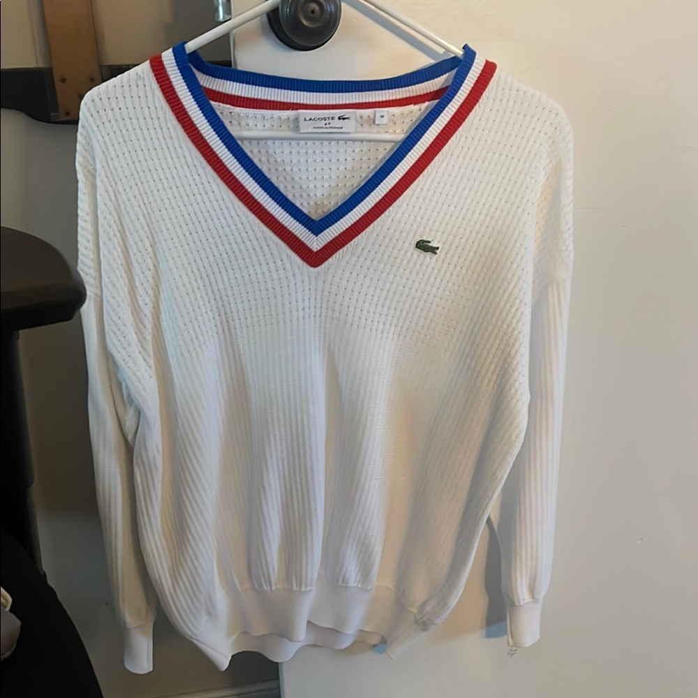 Lacoste White Sweater with Red and Blue V-Neck